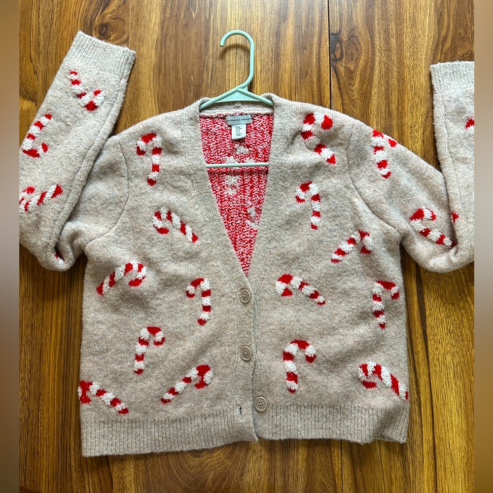 Cozy Beige Cardigan with Red Candy Cane Design